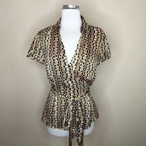 Ann Taylor Loft Wrap Blouse Satin Geometric Black Tan